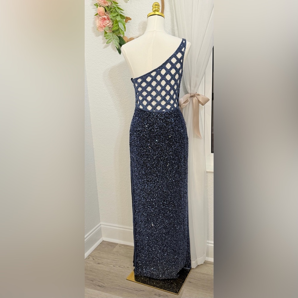 SCALA Fully Beaded Navy Blue Silk Formal Evening Prom Dress Gown Sz M - $1398 - Picture 9 of 16
